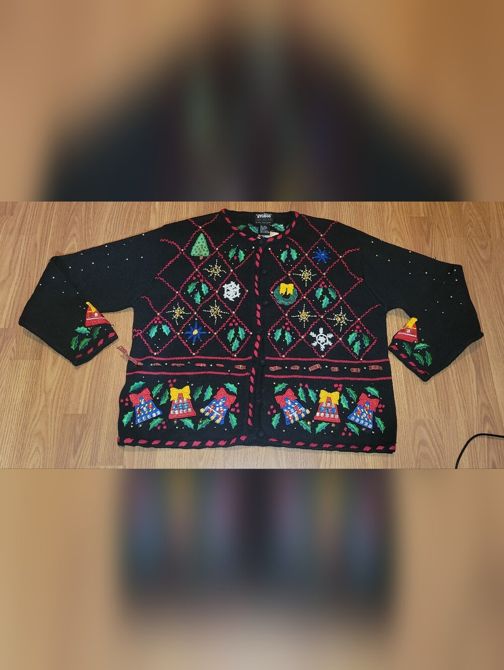 Black Holiday Embroidered Christmas Cardigan with Bells & Holly